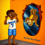 Book cover titled 'Aruka-Shoo' with a boy seeing a monkey in the mirror.