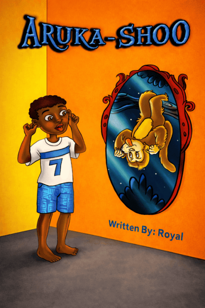 Book cover titled 'Aruka-Shoo' with a boy seeing a monkey in the mirror.