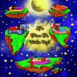 Children sleeping on floating beds in a starry sky with the text 'It's Time To Wake Up!'.