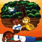 Child dreaming of a monkey under a tree at night.
