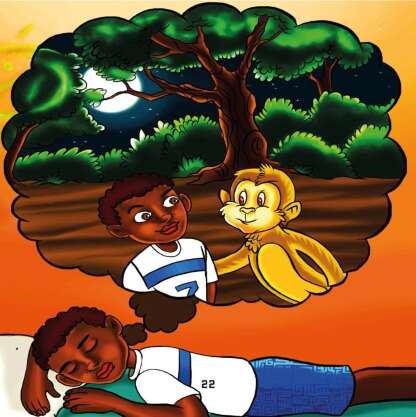 Child dreaming of a monkey under a tree at night.