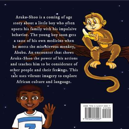 Back cover image of the book 'Aruka-Shoo', showing a young boy and a monkey on a tree branch.