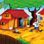 Illustration of a boy skipping past a house with an elderly person in the doorway and chickens nearby.