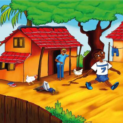 Illustration of a boy skipping past a house with an elderly person in the doorway and chickens nearby.