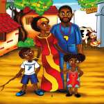 Colorful illustration of a family standing together in a rural setting with trees, animals, and a building in the background.