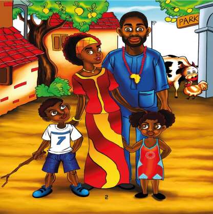 Colorful illustration of a family standing together in a rural setting with trees, animals, and a building in the background.