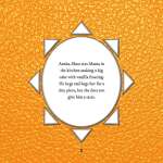 Story text about Aruka-Shoo asking for cake on an orange background.