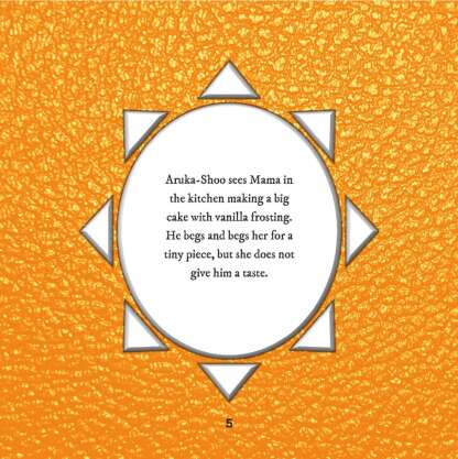 Story text about Aruka-Shoo asking for cake on an orange background.