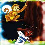 Monkey in tree throwing objects at surprised boy, with moon in background.