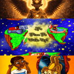 Surreal collage with an angelic-demonic figure, floating islands with a wake-up message, and a child with a mirror reflection of a monkey.