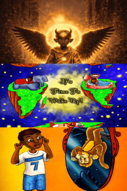 Surreal collage with an angelic-demonic figure, floating islands with a wake-up message, and a child with a mirror reflection of a monkey.