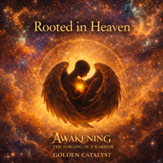 A winged figure holding a glowing orb in a cosmic background with the text 'Rooted in Heaven, Awakening: The Forging of a Warrior, Golden Catalyst'.